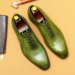 Hecho a mano de cuero genuino verde de los hombres de punta estrecha Oxfords Formal Oficina de negocios zapatos de boda con cordones transpirables antideslizantes - Product Image 4