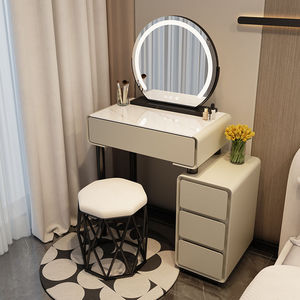 <span class=keywords><strong>Coiffeuse</strong></span> de chambre moderne et simple pour petits espaces avec miroir rond en verre, tiroirs intégrés et tabouret de maquillage - Product Image 3