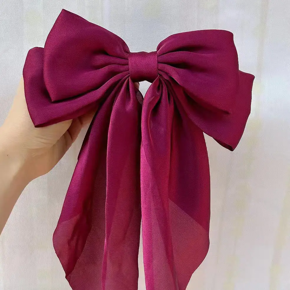 GT Top Selling New Design Silky Satin Bow Hair Clips Long Tail Bows Clip for Girls Women Large Solid Hair Bows Hairpin