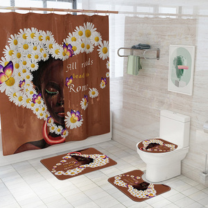 Juego <span class=keywords><strong>de</strong></span> 4 Piezas <span class=keywords><strong>de</strong></span> Cortina <span class=keywords><strong>de</strong></span> Ducha y Alfombra <span class=keywords><strong>de</strong></span> <span class=keywords><strong>Baño</strong></span> con Diseño <span class=keywords><strong>de</strong></span> Girasol, Chica Africana y Mujer con Melanina, <span class=keywords><strong>de</strong></span> Poliéster, Impermeable y Ecológico - Product Image 4