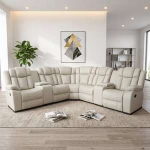 Modern Beige Faux <b>Leather</b> 5-Seater Sectional <b>Recliner</b> Sofa with Power Recline USB Charging Storage Console for Living Room - Product Image 2
