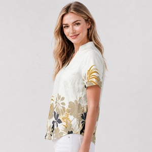 Camicetta da donna con scollo a V, maniche corte, stampa botanica sfumata, vestibilità ampia, per l'ufficio e l'uso quotidiano. - Product Image 5