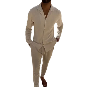 Completi da <span class=keywords><strong>uomo</strong></span> <span class=keywords><strong>in</strong></span> <span class=keywords><strong>lino</strong></span>, primaverili/autunnali, casual, con camicia a maniche lunghe e pantaloni, set due pezzi, <span class=keywords><strong>abbigliamento</strong></span> <span class=keywords><strong>uomo</strong></span> alla moda. - Product Image 4