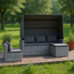 Grey Garden <b>Sofa</b> Set With Canopy 4 Seater Outdoor <b>Rattan</b> Furniture Contemporary Design - Product Image 3