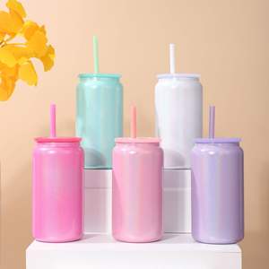 Ah 16 עוז סובלימציה שימר כפול יכול קיר כפול קיר נירוסטה עם מכסה צבעוני וקש - Product Image 2