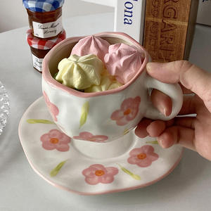 Taza de Cerámica Hecha a Mano, Irregular, de 10 oz, Taza de Café Personalizada con Platillo, Taza de Cerámica <span class=keywords><strong>para</strong></span> Té de la Tarde, Taza de Gres Retro - Product Image 3