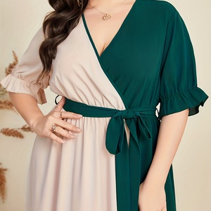 Nouvelle Robe d'été tendance, sexy et décontractée, à contraste de couleurs, froncée, à manches mi-longues, en mousseline, élégante, grande taille pour femme - Product Image 5