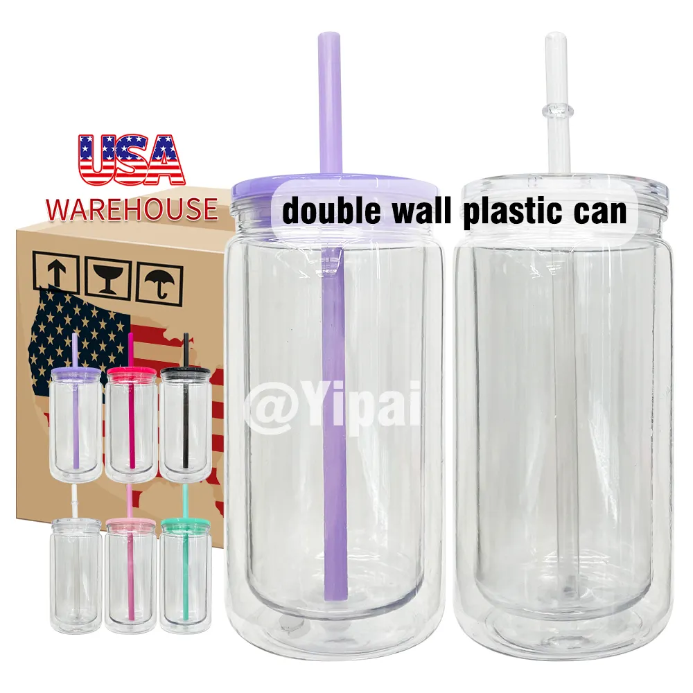 USA Warehouse 12oz Double Wall Clear Snow Globe Can 12oz Plastic Acrylic Beer Soda Can Cups 12oz With Hole Plug For Glitter