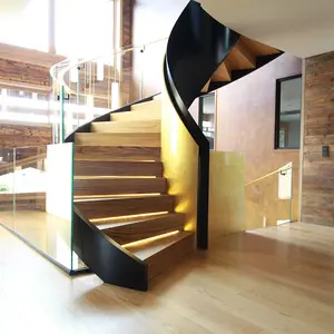 Luxury Design Polished Steel Double Stringer Marble/wooden Step Curved Stairs With Customized Stair Railing For Sale