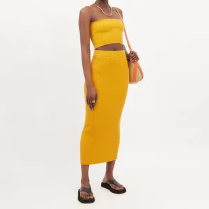 Fashion Sexy Design 2 Pieces Set Sweater Dress Strapless Cropped Top Yellow High Rise Ribbed Knit Wool Blend Midi Skirt