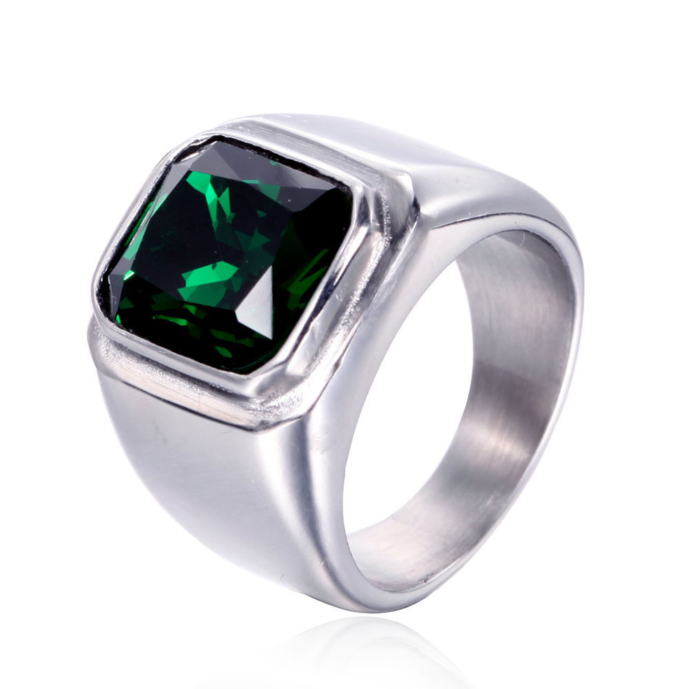 MASOP Men's Stainless Steel Wide Band Ring – Green Emerald Square Stone Statement Ring - View #5