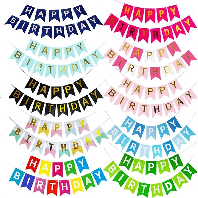 Feliz Aniversário Banner Bunting Festa De Aniversário Decoração De Parede Estampagem De Ouro Papel Pendurado Banner De Aniversário Decoração Do Partido Suprimentos