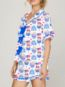 Summer <strong>Patriotic</strong> Ice Cream Cup Print <strong>Short</strong> Sleeve Shirt <strong>Shorts</strong> American Flag All Over Print Pajama Set Women - Product Image 5