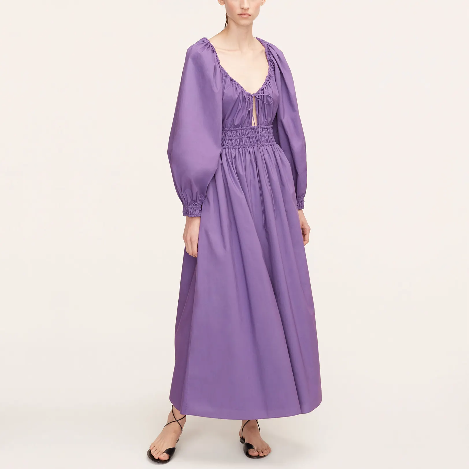 New Arrival Fashion Clothes High Quality Cotton Linen Plain Lavender Color Deep V Neck Long Puff Sleeve Maxi Dress For Women