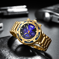 Мужские кварцевые часы NIBOSI 2577, водонепроницаемые, из нержавеющей стали, золотистого цвета, с хронографом, большой циферблат, спортивные наручные часы.