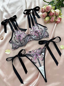 Conjunto de lencería bordado con mariposas para mujer, bragas de bikini, ropa interior sexy, transpirable, nailon, spandex, 2 piezas - Product Image 6