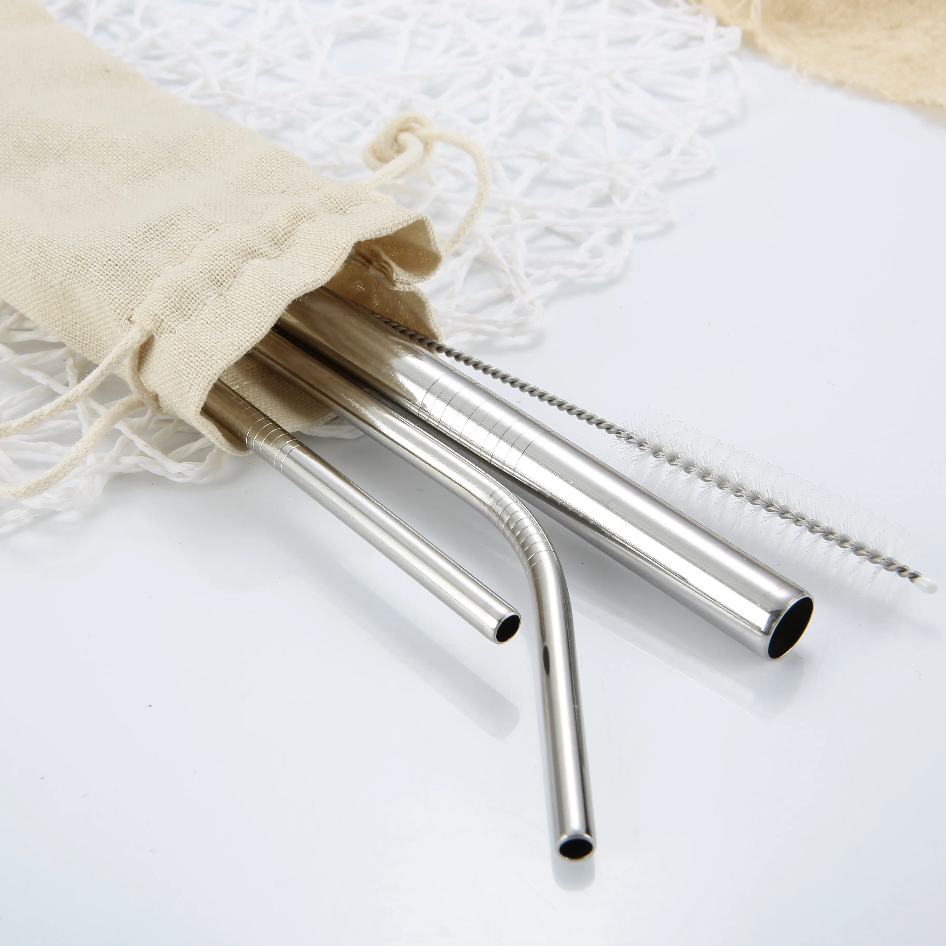 304 reusable metal stainless steel straw set 215*12mm oblique incisions straw overseas travel portable drinking straw set