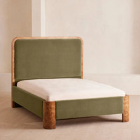 Lit capitonné en velours mousse italien, taille Queen, avec pieds en bois de ronce, tête de lit haute, ensemble de meubles de chambre pour maison, villa, loft