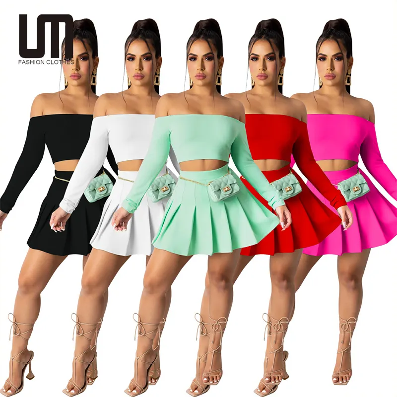 Liu Ming New Women Fashion Long Sleeves Pleated Patchwork Cute Solid Club Dress Skirt 2 Piece Set