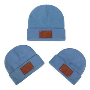 Wholesale Blank PU <b>Patch</b> logo Beanie DIY Emboss logo Adults Kids Winter Beaine - Product Image 1