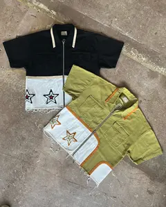 Custom Boxy Streetwear apliques bordado Logo desgastado ácido lavado Vintage camiseta Zip Up corte y coser Polo