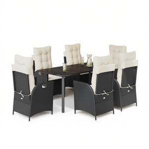 Ensemble de salle à manger de jardin en rotin blanc crème et noir, 6 places, résistant aux intempéries, mobilier d'extérieur au design contemporain - Product Image 1