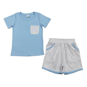 Conjuntos de Ropa para Niños, Camiseta y Pantalones Cortos con Estampado a Cuadros, Estilo Casual, Primavera-Otoño, Venta al Por Mayor, 95% Algodón, Tela de Lana Peinada - Product Image 1