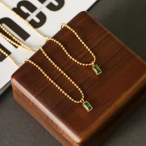 18K Gold Plated Simple Compact Square Emerald Zircon Necklace Women Retro Versatile Collarbone Chain Stainless Steel Wedding