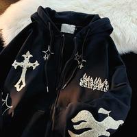 Sweat à capuche zippé Y2K gothique avec broderie en forme de croix, pour homme et femme, style streetwear oversize