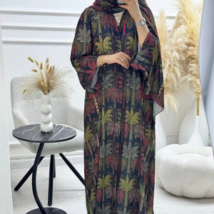 Leduo Customized Plant Print Modest Floor Length Dress Smocked Cuff <b>Abaya</b> for Muslim <b>Women</b> - Product Image 1
