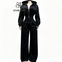 Ensemble décontracté 2 pièces Jiubaju pour femme : sweat à capuche zippé, veste courte à manches longues et pantalon droit élastique – Survêtement tendance pour l'automne