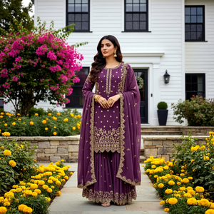 Ensemble Anarkali en Faux Georgette Brodé Violet à Séchage Rapide avec Dupatta, Tenue Traditionnelle Indienne et Pakistanaise pour Mariage, Coupe Classique - Product Image 1