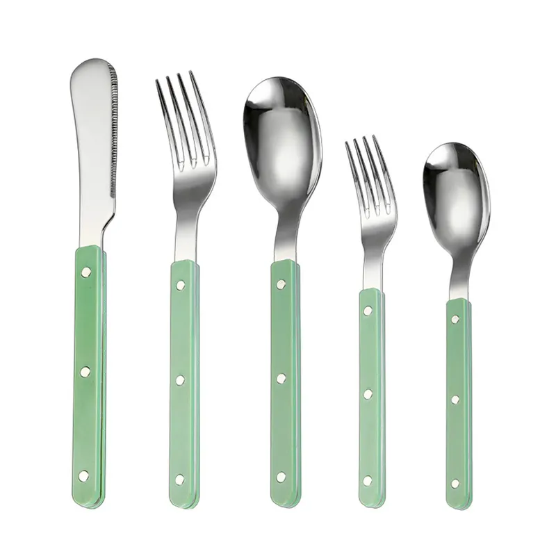 Hot Selling Restaurant Stainless Steel Spoon Fork 5 Pcs Cutlery Set Plastic Handle Bistro Flatware