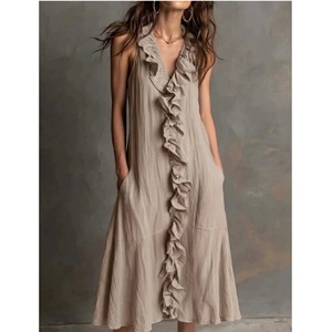 Vestido midi sin mangas con cuello en V para mujer, con volantes verticales, bolsillos laterales delanteros, holgado, fluido, mezcla de lino, informal, para vacaciones - Product Image 4