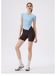 Women Ruched Side <b>Asymmetrical</b> <b>Hem</b> Yoga Crop <b>Top</b> Short Sleeve Slim Fit Stretch Athletic T-Shirt Gym Pilates Sports Tee Wholesale - Product Image 4