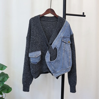 Streetwear automne hiver chaud tricoté Patchwork Denim couleur bloc dame Cardigan bouton pull femmes chandails veste manteaux