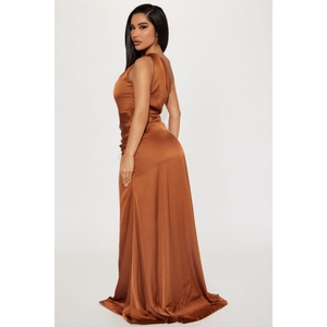OEM Factory Custom Style Sleeveless Floor-Length Natural Waist Vintage Stain Slit <b>One</b> Shoulder Women Elegant Sexy Party <b>Dress</b> - Product Image 3