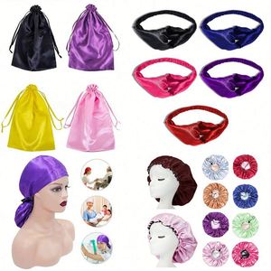 Ensemble de cadeaux promotionnels personnalisés en gros : taies d'oreiller, bonnets de nuit, sacs en satin et bandeaux élastiques de couleurs unies pour marque privée - Product Image 1