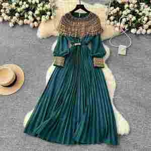 Vestido Midi Plisado Casual Transpirable de Tela Sostenible Primavera 2025 para Mujer, Estilo Túnica Romana con Corte Imperio, Patchwork, Lentejuelas y Encaje, Línea A - Product Image 2