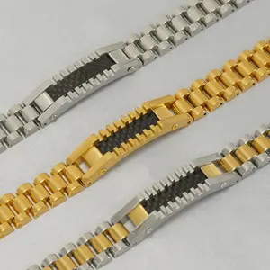 18K Gold Plated Stainless Steel Personality Watch Band Charm Bracelet Gemstone Insert Fashion Metal Wide Bracelet