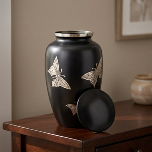 Urna Funeraria de Metal Negra con Diseño de Mariposa, Recuerdo Ecológico para Cremación, Regalo Conmemorativo, Artesanía India - Product Image 1
