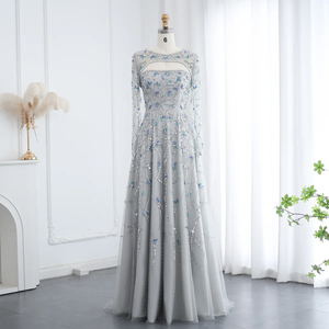 Vestido de Noche Largo Jancember LSZ593 Gris de Lujo con Mangas Largas y Cuentas, Vestido de Gala <span class=keywords><strong>para</strong></span> Fiesta Formal o <span class=keywords><strong>Matrimonio</strong></span> - Product Image 1