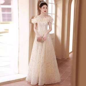 Off-Shoulder Champagne Organza Evening Gown A-Line Empire Waist Ruffles Graduation Banquet Dress Women's - Product Image 2