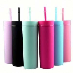 Bouteille d'eau en plastique mat réutilisable à double paroi de 16 oz, gobelet mince en acrylique avec couvercle et paille, sans BPA, vente en gros - Product Image 1