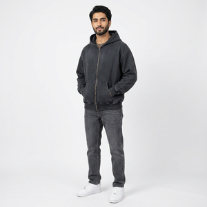Sweat à capuche noir vintage délavé à l'acide pour homme, personnalisé, 450 g/m², fermeture éclair sur le devant, logo, polyester/coton, séchage rapide - Product Image 1