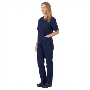 Ensemble de blouses et pantalons d'hôpital unisexe bleu marine à col en V, manches courtes, en toile légère, multi-poches - Product Image 3
