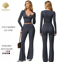 Nouvel ensemble de yoga deux pièces pour femmes, couleur unie, col en V, manches longues, pantalon évasé taille haute, tenue de sport fitness
