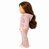 Ensemble de survêtement rose en velours personnalisé avec capuche, veste à logo décorée de perles et pantalon évasé pour poupée de mode de 18 pouces