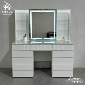 Coiffeuse moderne blanche à LED avec miroir éclairé, 11 tiroirs, plateau en verre, bureau de maquillage, ensemble de meubles de chambre - Product Image 5
