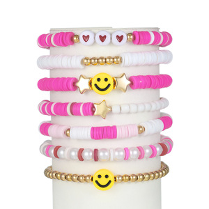 Fashion Beaded <b>Bracelets</b> Set Pink <b>White</b> Smile Face Bohemian Style Women Gift Jewelry - Product Image 1